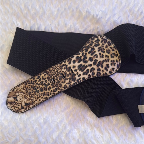 Brown and Black Leopard Print Elastic Belt with Double Buckle - Picture 2 of 3